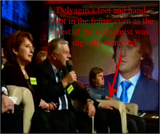 Still of edited Delyagin broadcast.  Source: nytimes.com, with added text