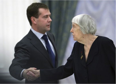 President Medvedev with human rights advocate Lyudmila Alexeyeva on Monday. Source: AP/Maxim Shipenkov