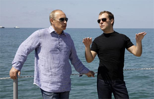   	Putin and Medvedev in Sochi, August 2009. Source: vancouversun.com